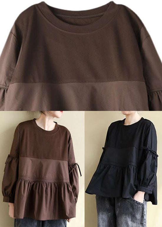 Black O-neck Low High Design Cotton Tops Long Sleeve