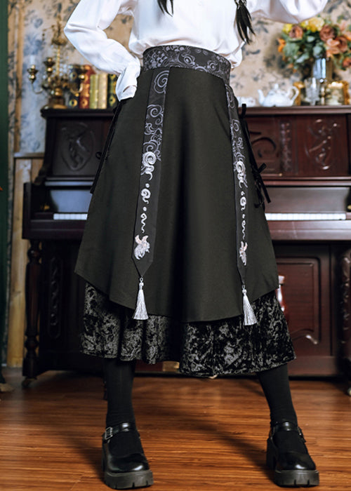 Chinese Style Black Print High Waist Patchwork Silk Velvet Skirts Spring