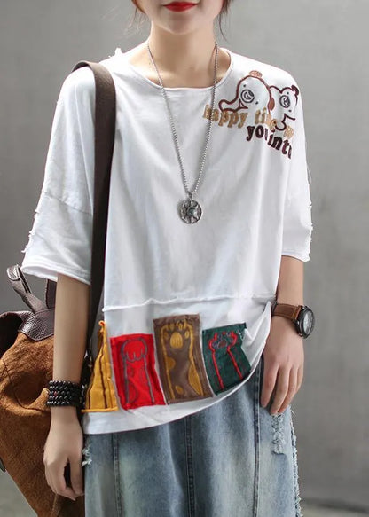 Red Cotton Clothes for Korea Summer Loose Retro Ripped Hole Embroidery T-shirt