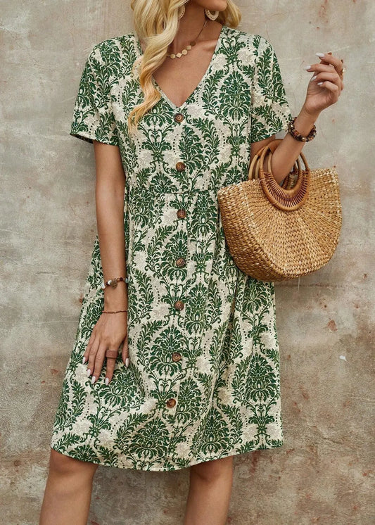 Stylish Green V Neck Print Button Cotton Mid Dresses Summer