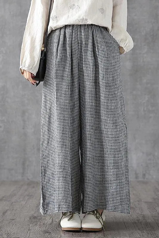 - Lotstrends Hand-made Plaid Linen Wide Leg Pants