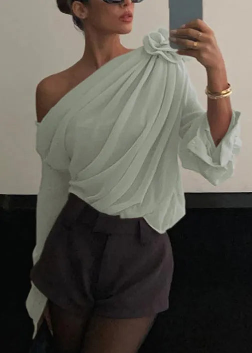 Unique Apricot Cold Shoulder Wrinkled Chiffon Tops Spring