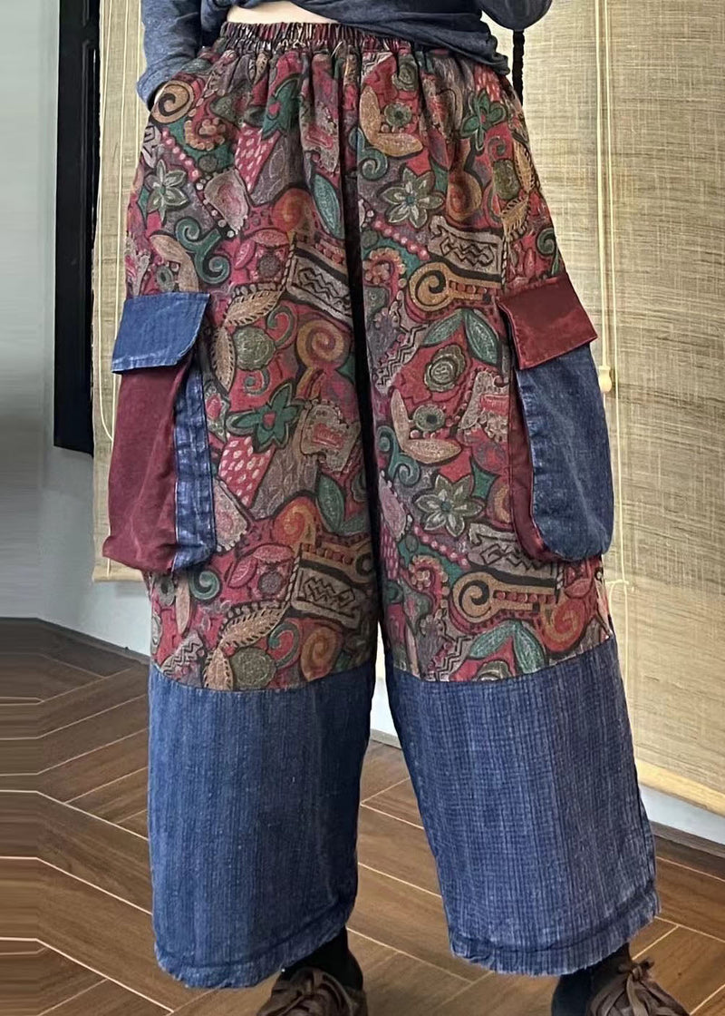 Pockets Print Patchwork Elastic Waist Cotton Crop Pants Spring