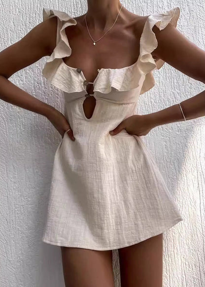 New Apricot Ruffle Hollow Out Mid Dress Summer
