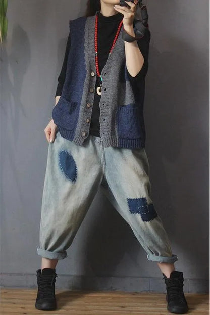 Retro Knitted Color Contrast Sleeveless Sweater Coat