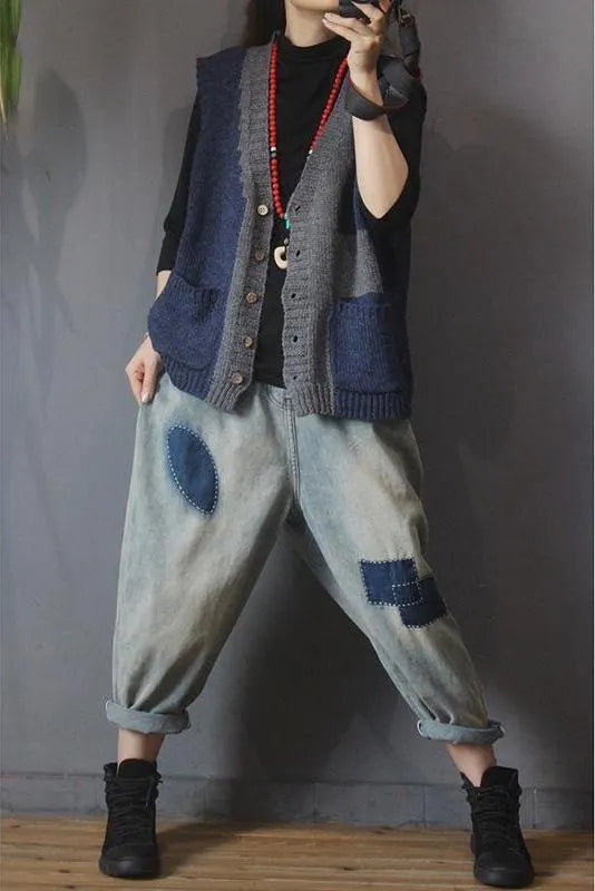 Retro Knitted Color Contrast Sleeveless Sweater Coat