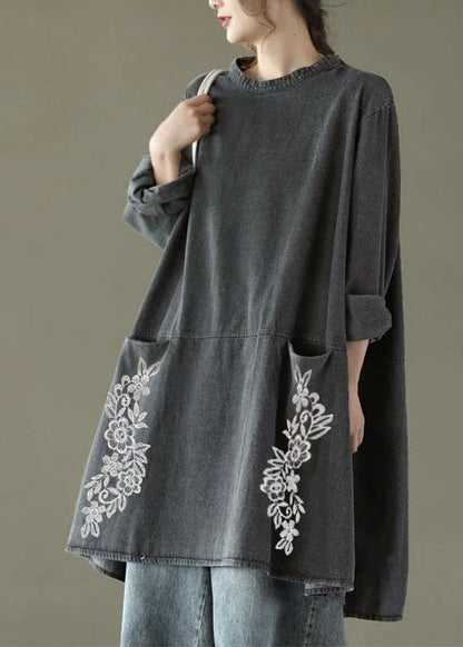 Black Grey-blue Flower O-neck Pockets Denim Long Dresses Long Sleeve