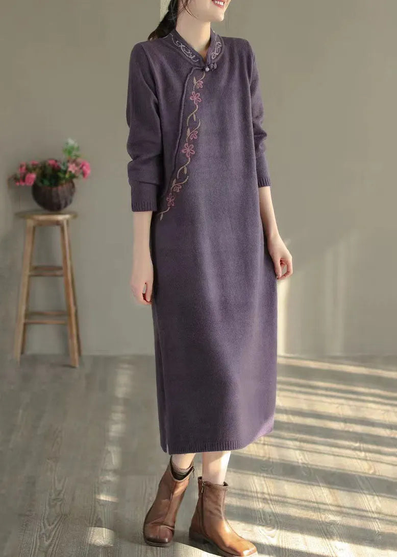 Purple Stand Collar Embroidered Knit Sweater Dress Winter