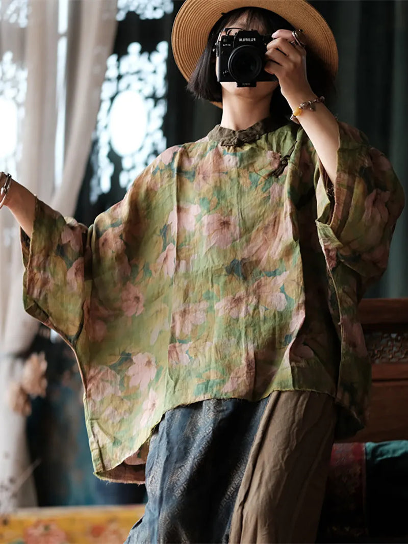 Autumn Flower Stand Collar Ramie Blouse