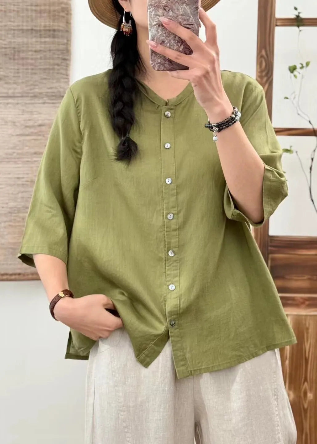 New Orange O Neck Button Linen Blouse Half Sleeve