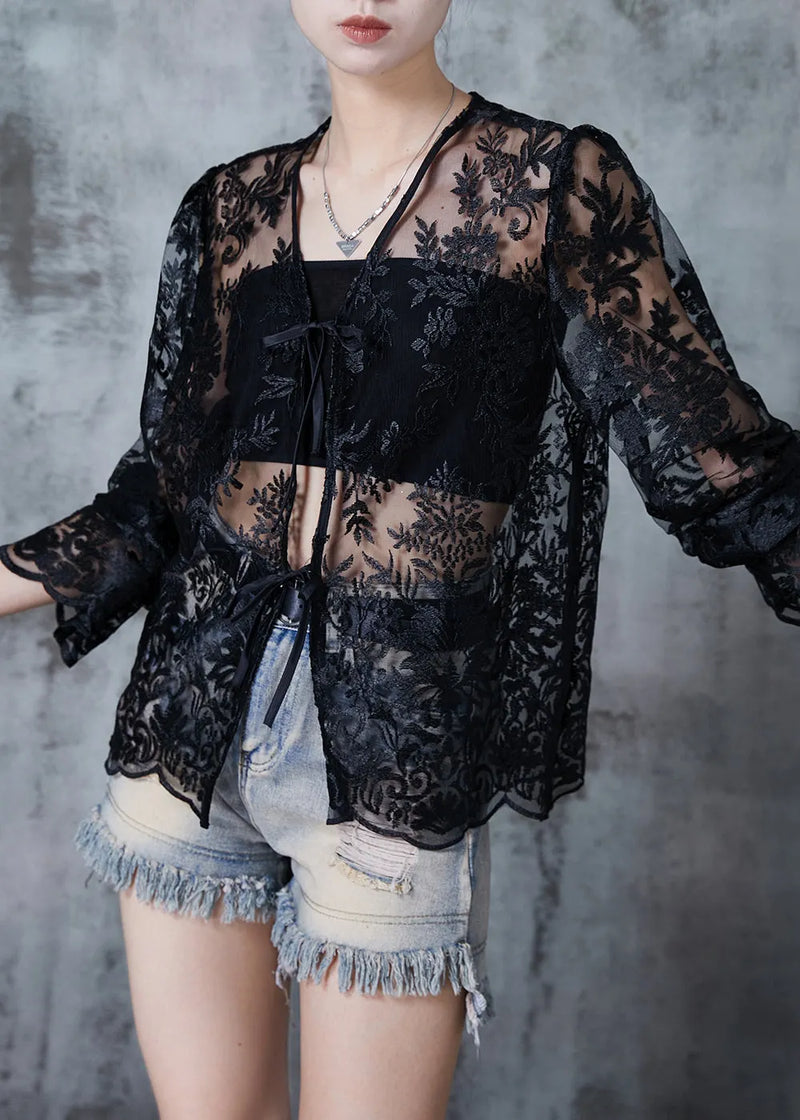 Italian Black Embroidered Tulle Upf 50+ Cardigan Summer