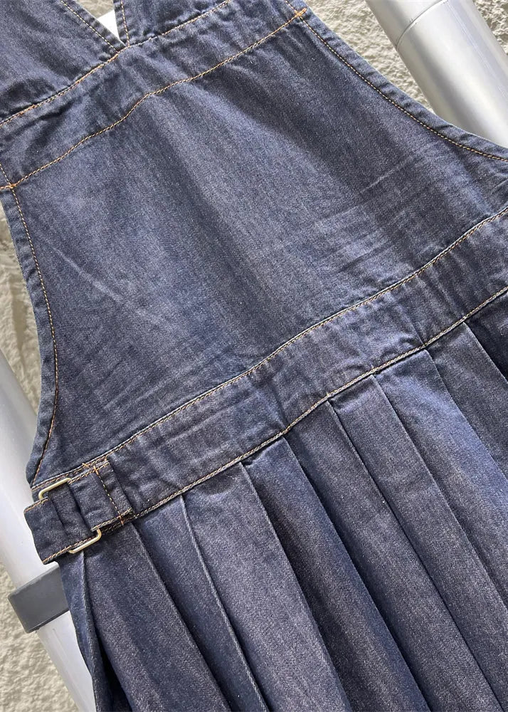 French Navy Button Wrinkled Denim Jumpsuit Sleeveless