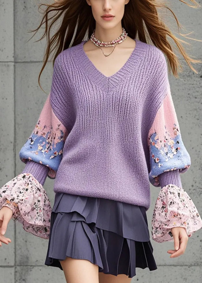 Lavender V Neck Patchwork Knit Shirts Flare Sleeve