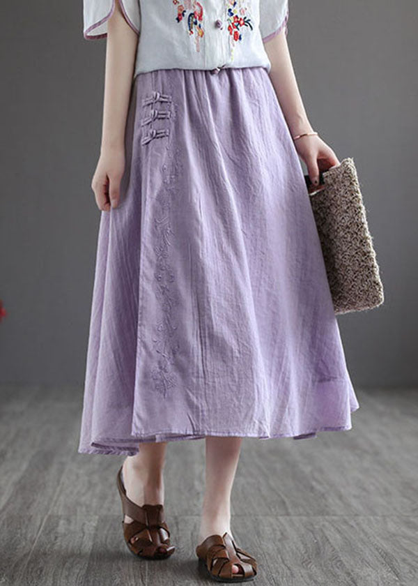 Purple Elastic Waist Embroidered Linen Skirt Spring