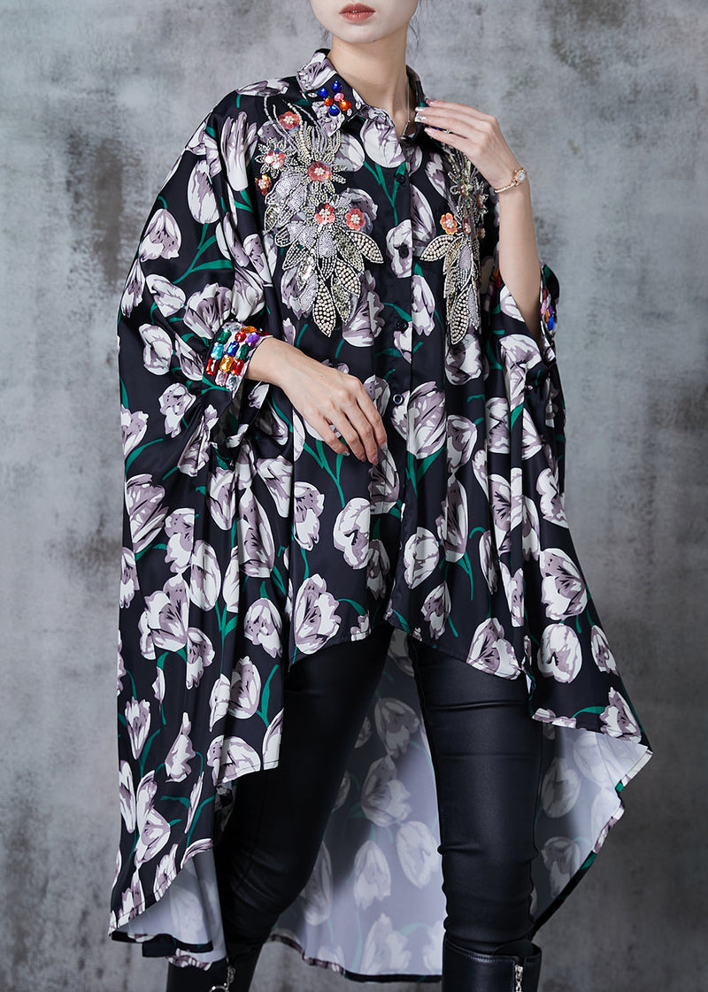 Diy Black Sequins Print Low High Design Cotton Shirt Tops Fall