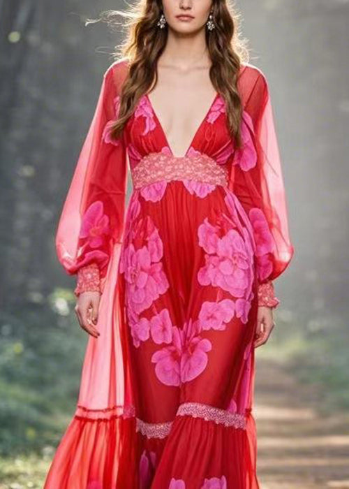 Red V Neck Print Patchwork Chiffon Long Dress Spring