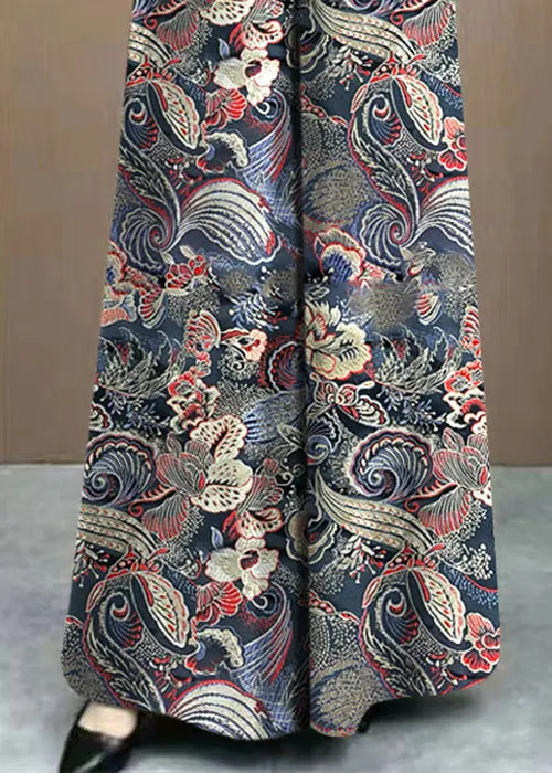 Fine Print Pockets Elastic Waist Cotton Wide Leg Pants Fall