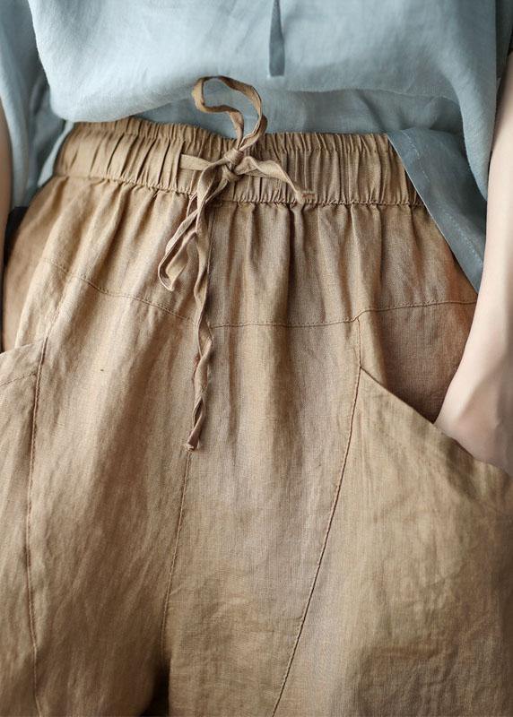 Art White Stripes Tie Waist Pockets Summer Harem Pants Linen
