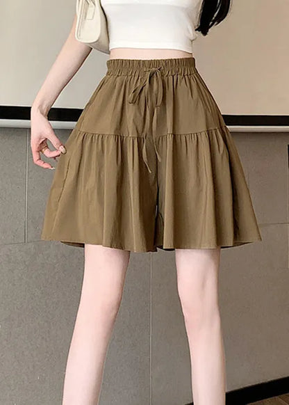 Khaki Pockets Elastic Waist Cotton Shorts Summer