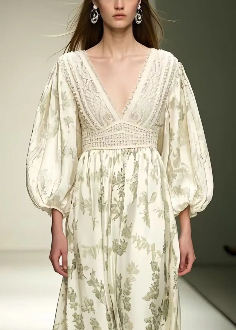 Fitted Beige V Neck Print Silk Vacation Dresses Lantern Sleeve