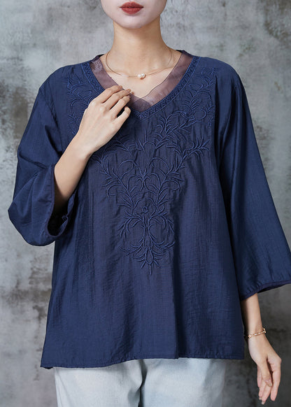 Navy Embroidered Cotton Shirt Top Half Sleeve