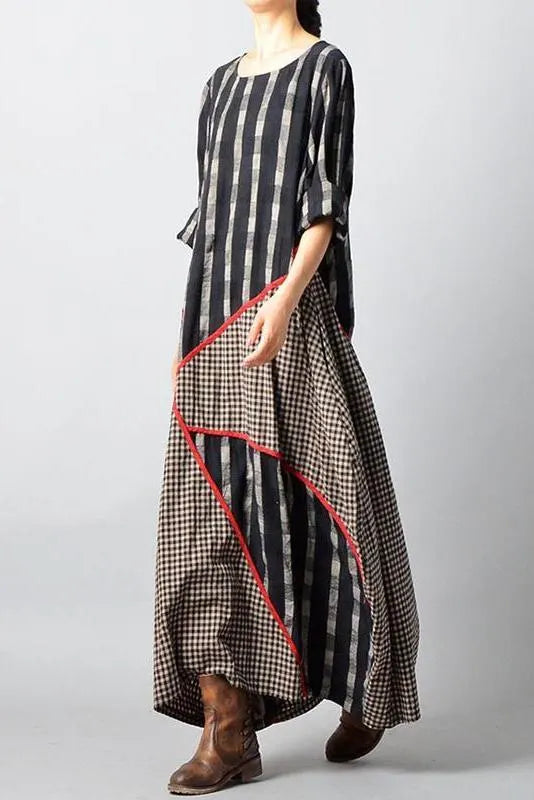 Limited Stock- Stripes Plaid Spliced Irregular Cotton Linen Dress