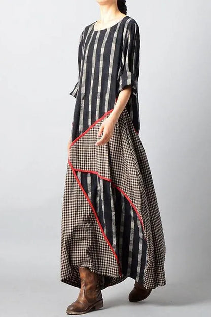 Limited Stock- Stripes Plaid Spliced Irregular Cotton Linen Dress