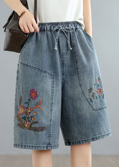 Blue Embroidered Pockets Denim Shorts Summer