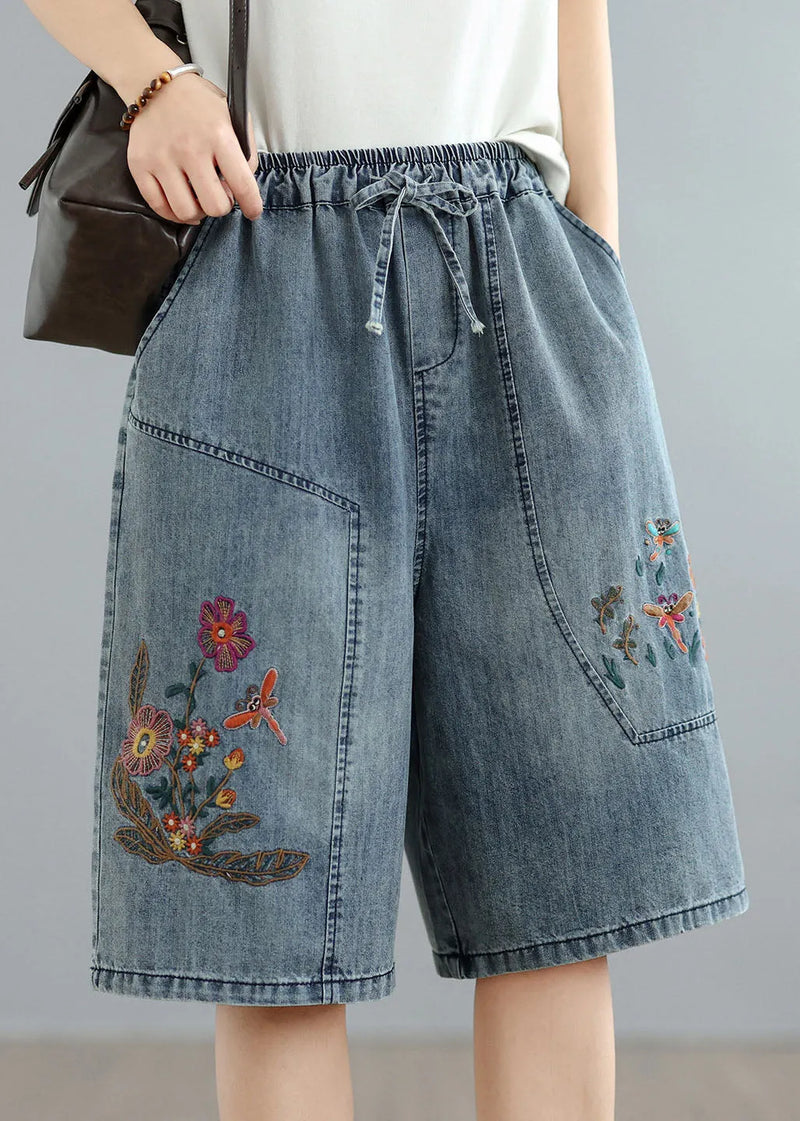Blue Embroidered Pockets Denim Shorts Summer