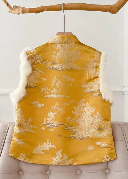 Original Yellow Button Fluffy Silk Sleeveless Waistcoat Stand Collar