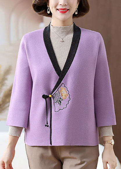Chinese Style Purple V Neck Patchwork Knit Cardigans Fall