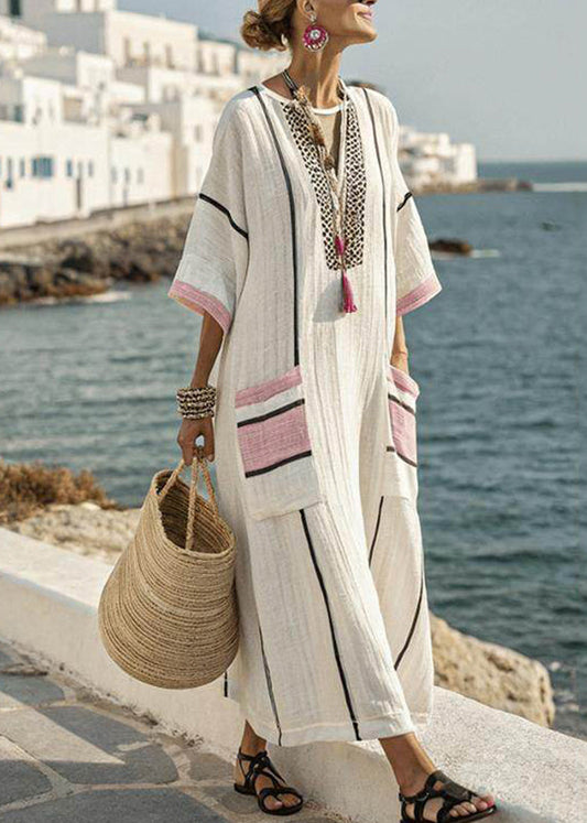 Blach Pink Striped Pockets Patchwork Long Dresses Short Sleeve