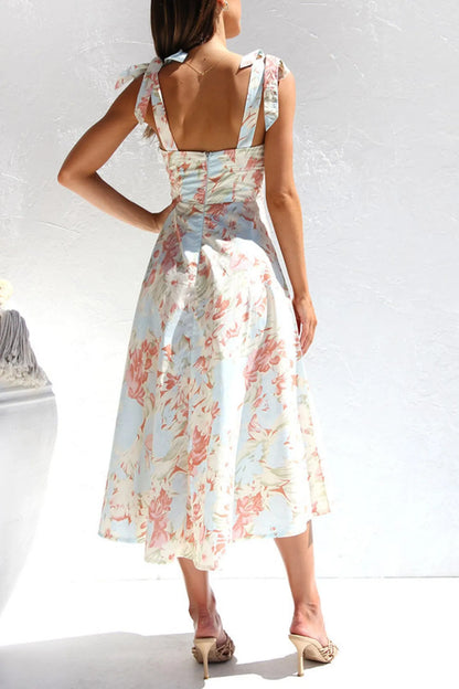 Print Tie-straps Waisted Midi Dress