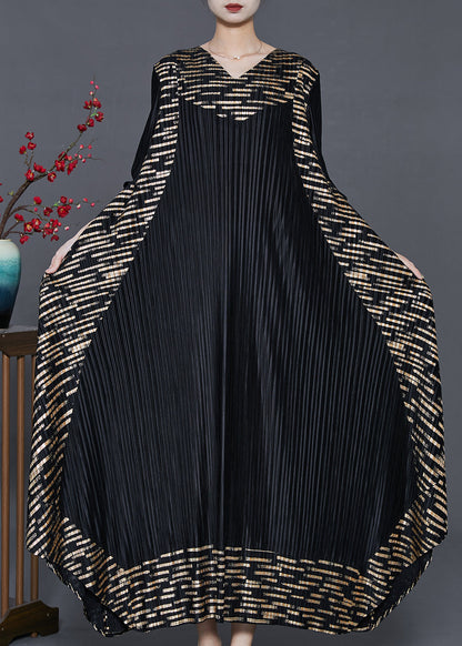 Black Oversized Print Wrinkled Silk Holiday Dresses Spring