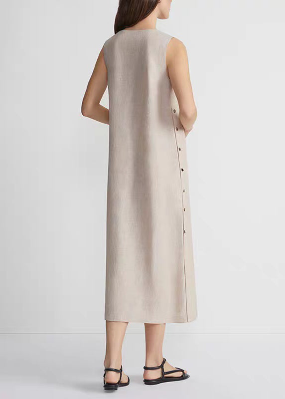 Khaki O-neck Low High Design Robe Dresses Sleeveless