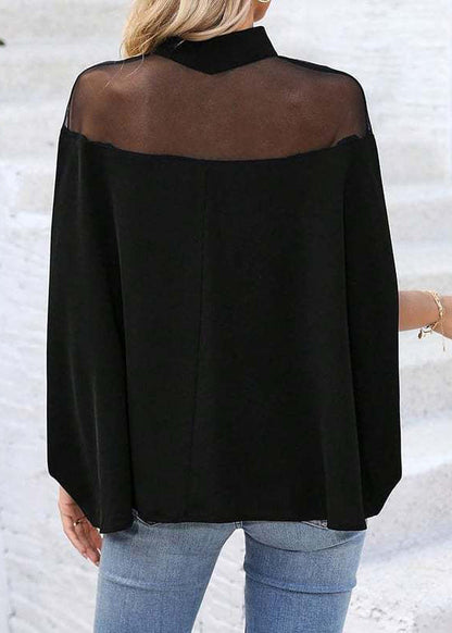 Loose Black Turtleneck Tulle Patchwork T Shirts Batwing Sleeve