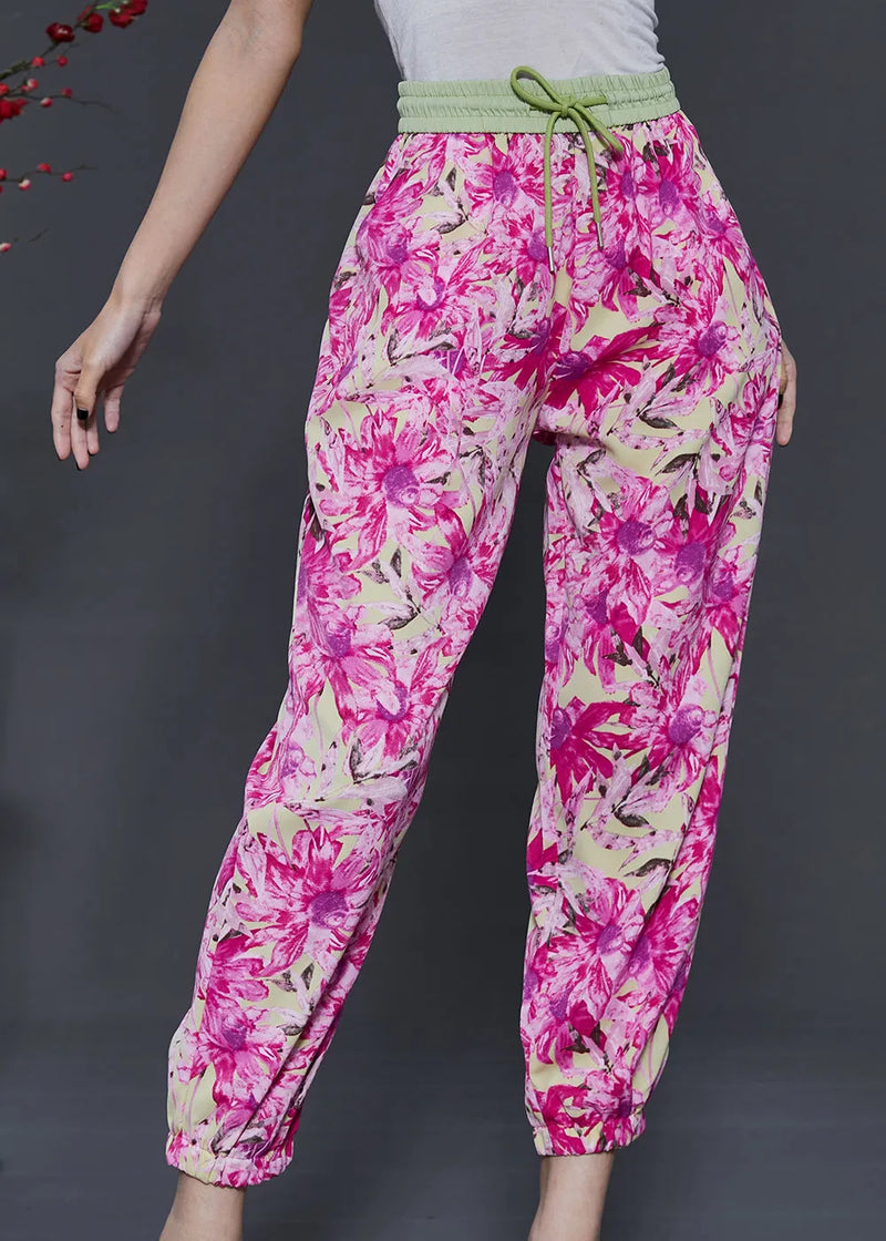 Rose Print Pockets Chiffon Pants Summer