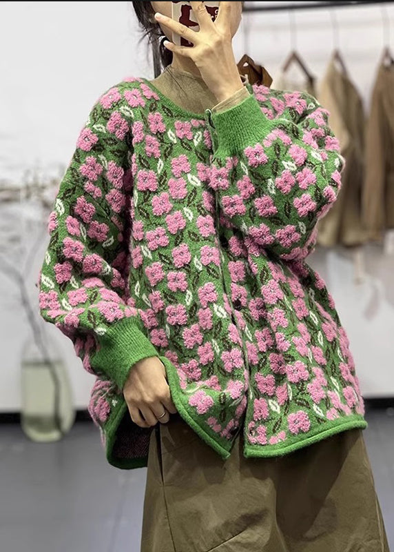 Pink O Neck Button Patchwork Cotton Knit Coats Long Sleeve