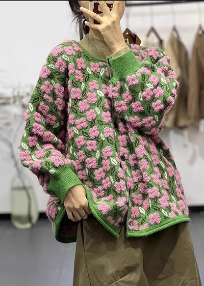Pink O Neck Button Patchwork Cotton Knit Coats Long Sleeve