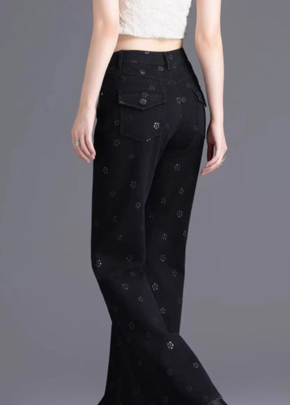 Slim Fit Black Pockets Print Denim Flared Trousers Spring