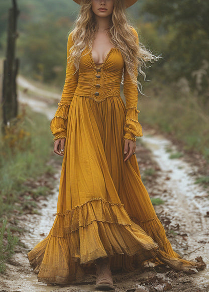 Yellow Wrinkled Patchwork Cotton Long Dresses Fall