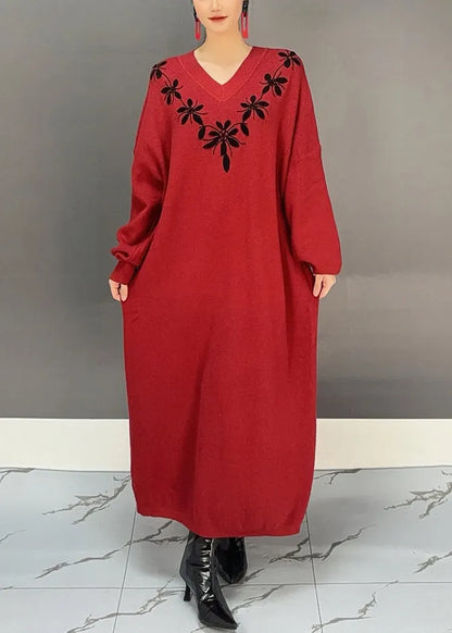 Red V Neck Embroidered Knit Sweater Dress Fall