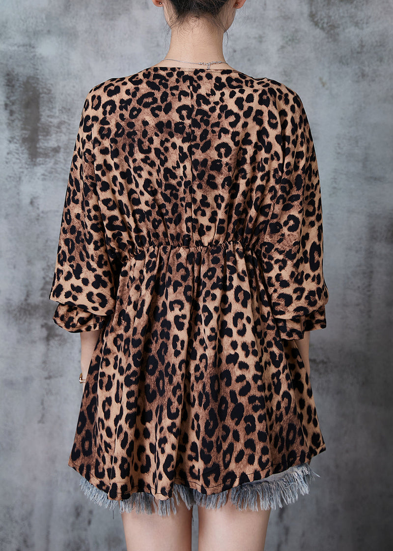Modern Leopard Print Cinched Exra Large Hem Chiffon Tops Fall