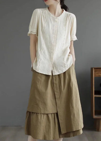 Simple Apricot O-neck Lace Patchwork Cotton Shirt Top Summer