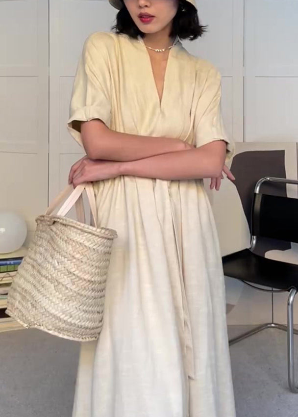 White V Neck Drawstring Pockets Cotton Dress Summer