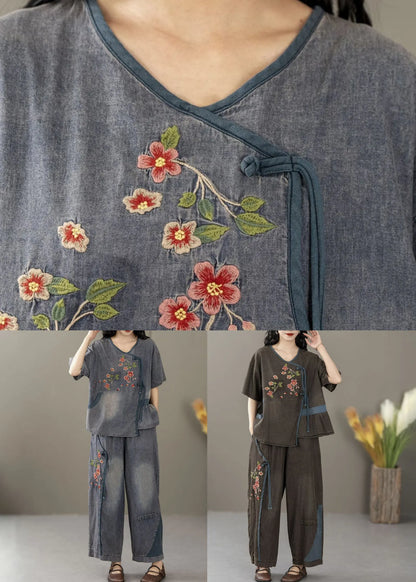 Blue Embroidered Tops and Crop Pants Denim Two Pieces Set Summer