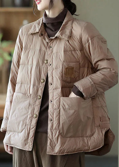 Khaki Button Loose Low High Design Winter Down Coats