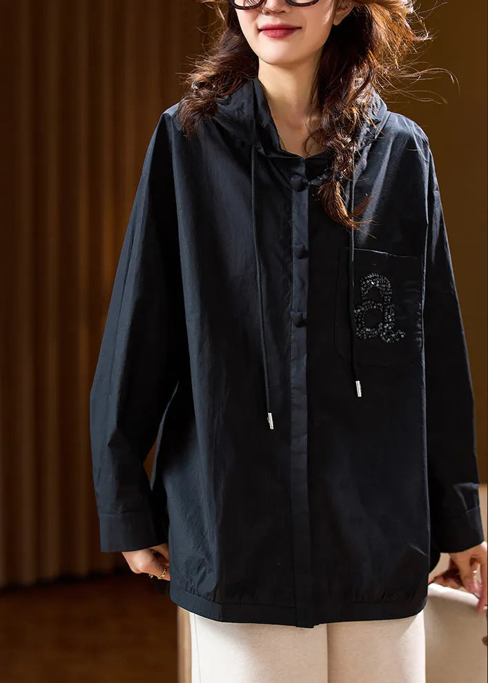 Loose Pink Hooded Button Pockets Cotton Coats Fall