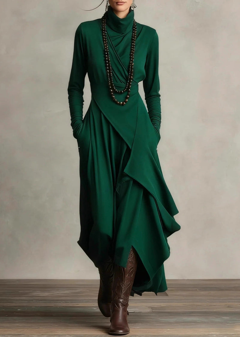 Original Design Purple Turtleneck Pockets Cotton Maxi Dress Spring