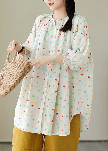 Beige O Neck Print Wrinkled Cotton Shirt Tops Summer